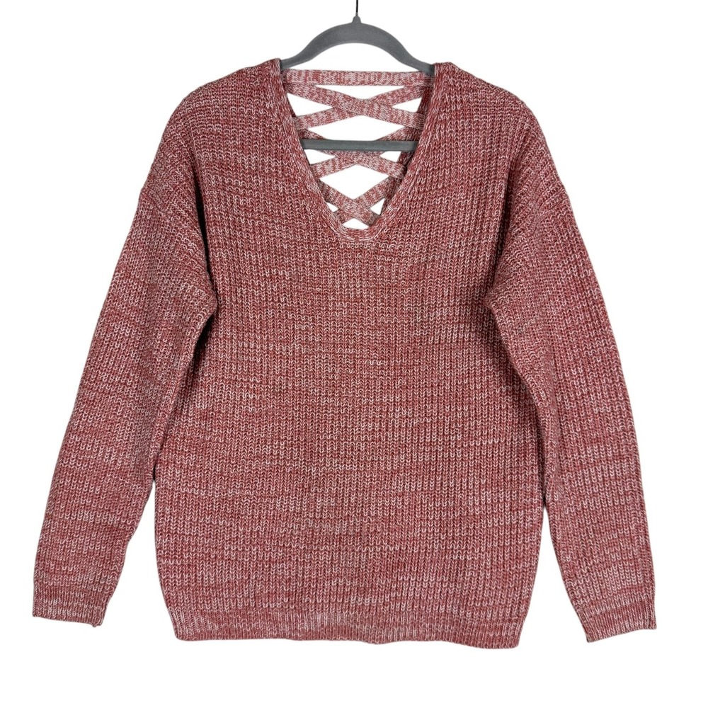 Poof Apparel Sweater Womens L Pink Lace Up Back‎ V Neck Chunky Knit Pullover